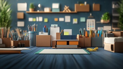 Clean and organized workspace with stationery and office supplies on a wooden desk.