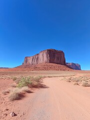 Naklejka premium A desert landscape with a large rock formation in the background