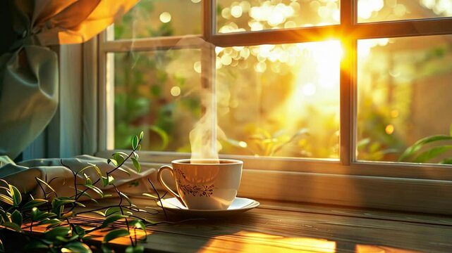 Morning coffee by the window with a warm sunrise illuminating a cozy kitchen in a serene setting