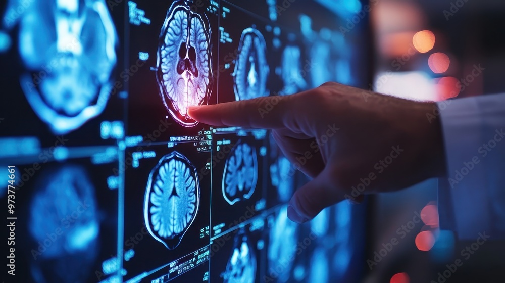 Aufkleber a man points at a brain scan on a computer screen