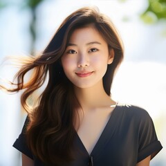 Fototapeta premium A beautiful young Japanese woman with glowing, dewy skin and silky, tousled black hair exudes natural elegance. Her almond eyes sparkle with kindness, and her warm smile radiates grace and serenity.