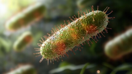 Naklejka premium A green and brown bacterium with red spots is shown in a close up