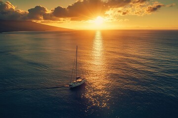 Aerial view of serene sailboat with sun reflection on calm ocean, Hawaii, United States, ai
