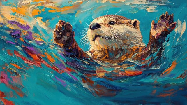 Abstract Expressionism otter depicted with bold strokes and vivid colors, capturing its lively underwater antics.