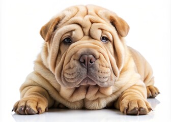 Adorable wrinkled Chinese Shar Pei puppy with fluffy coat and cute snout lying on its side, paws tucked
