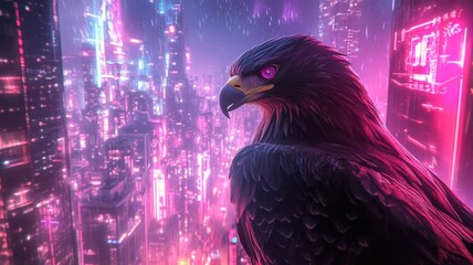 An eagle in Synthwave style, surrounded by neon lights and a retro-futuristic cityscape.