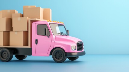 Pink Delivery Truck with Cardboard Boxes on Blue Background