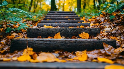 A set of wooden steps in the woods covered in leaves