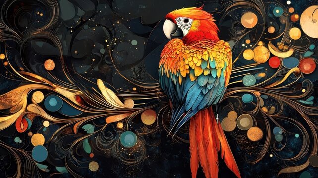 A parrot rendered in Art Nouveau style, with intricate, flowing patterns and decorative elements.