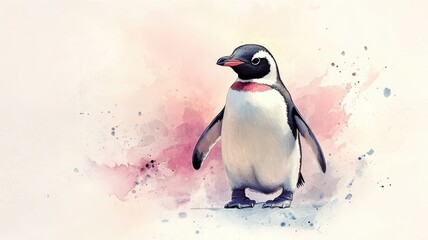 Fototapeta premium A penguin illustrated in watercolor style, with gentle, flowing hues and a soft, artistic touch.