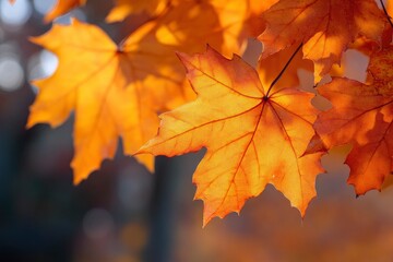 Orange fall leaves in park, autumn natural background , ai