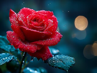 A red rose with water droplets on it's petals