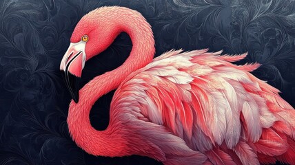 A flamingo illustrated with a textured pattern, highlighting intricate and detailed surface designs.