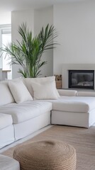 Cozy Fireplace and White Sofa