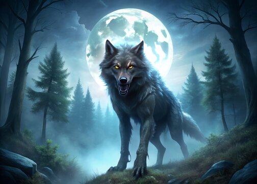A eerie full-moon night scene features a menacing, snarling werewolf emerging from the shadows, its eyes glowing with