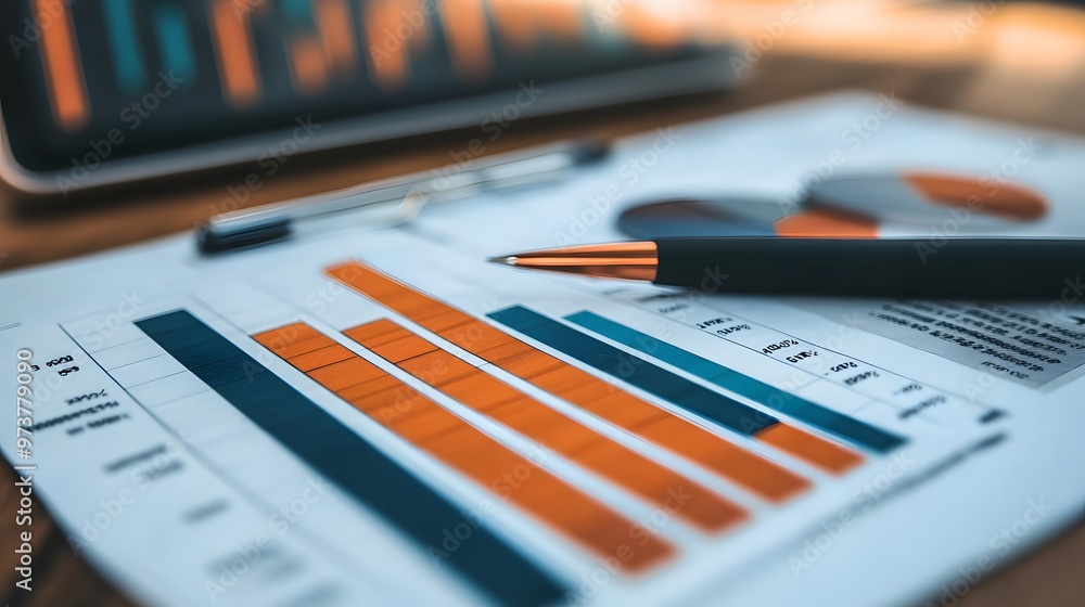 Poster close-up of a bar graph with a pen on a desk