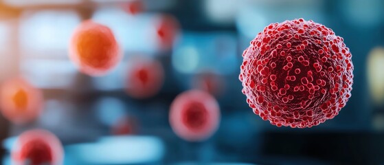 Close-up of a virus illustration, showcasing intricate details and vibrant colors against a blurred background.