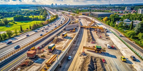 Aerial view of a busy highway construction site, with asphalt layers, concrete barriers, and heavy machinery amidst a