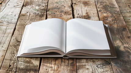 Obraz premium blank white Magazine spread for mockup placed on a rustic wooden table, with natural lighting casting soft shadows on the open pages. book mockup 