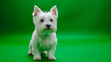 A small white dog standing on a green background