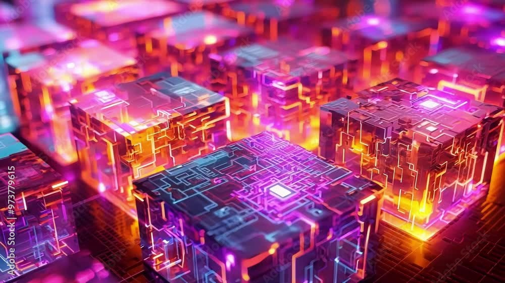 Aufkleber glowing cubes are forming a complex network structure, symbolizing blockchain technology, cryptocurr