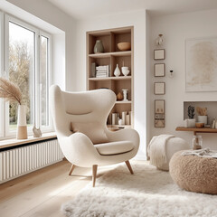 Modern Living Room Interior Design with White Armchair and Sheepskin Rug