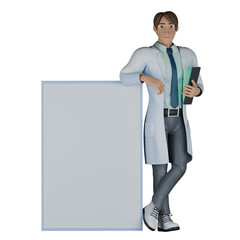 3D Male Doctor in Healthcare Profession. A male doctor is leaning casually next to an empty presentation or bulletin board while holding a tablet. Illustrated