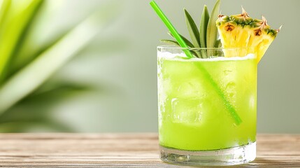 Refreshing Green Pineapple Cocktail with Ice and Straw on Wooden Table