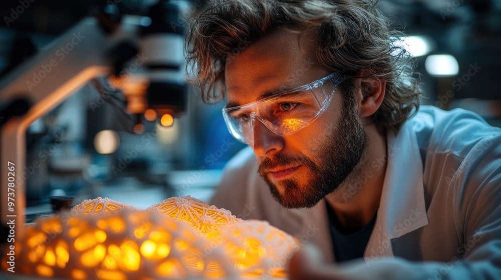 Poster scientist examining a glowing brain model under a microscope.