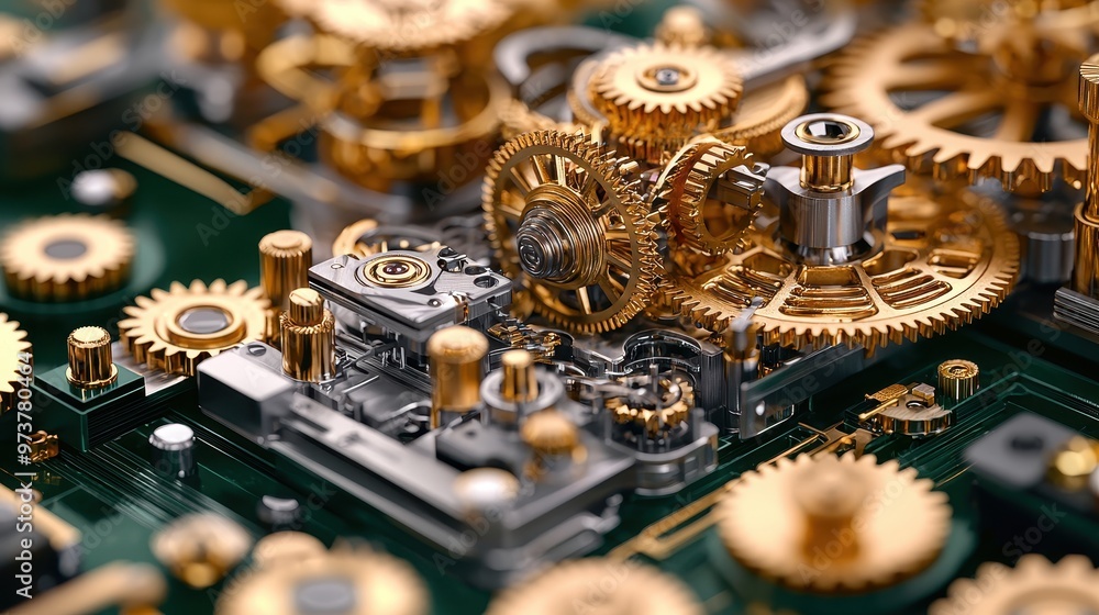Poster close up of interlocking gears and circuit board