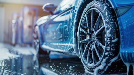Blue Sports Car Wheels cleaned with shampoo foam in Stylish Car Wash Dealer AI generated image