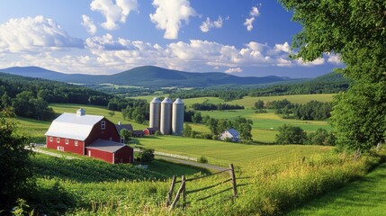 Rural Landscape with Red Barn  Silos  and Rolling Hills