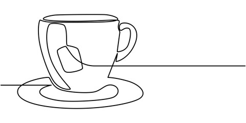 Vector illustration of Transparent glass cup with saucer holding steaming hot tea dot to dot line drawing For children to learn to draw lines along the dotted lines. paper tea bag with cup continuous