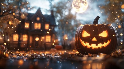 Fototapeta premium Spooky Halloween Jack o Lantern with Glowing Eyes and Haunted House in the Background