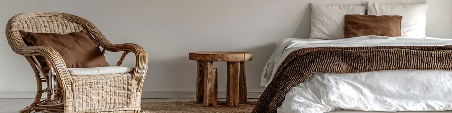 Bdroom in whit with a woodn tabl and rattan chair nxt to a cozy brown-blanktd bd.