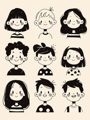 Nine simple hand-drawn cartoon characters are arranged in a 3x3 grid. The characters include both males and females