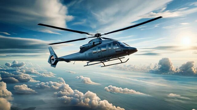 Stunning Helicopter Flying Gracefully in MidFlight Over Beautiful Water and Soft Clouds