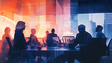 Silhouetted Business Professionals Meeting in Modern Office with Data Overlays