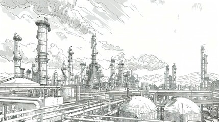 Fototapeta premium Oil Industry Representation: Line Drawing of an Industrial Landscape Featuring an Oil Refinery Plant with the Sky in a Separate Layer