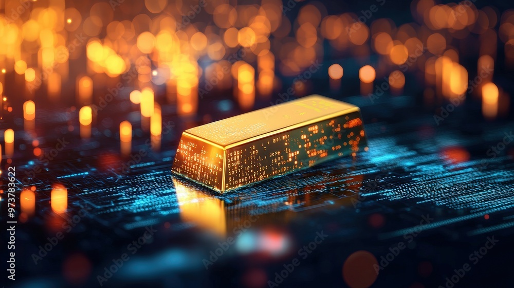 Poster a gold bar surrounded by glowing binary code, symbolizing digital wealth