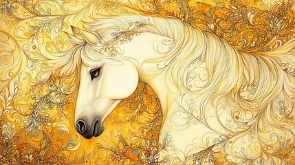 White Horse Portrait with Golden Floral Pattern Artwork