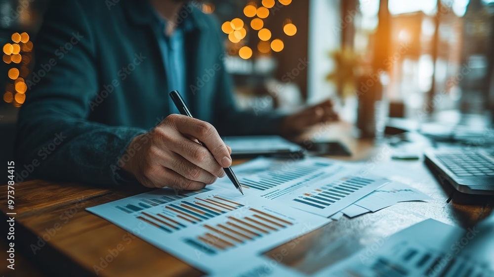 Poster a person analyzing graphs and data on a wooden desk.