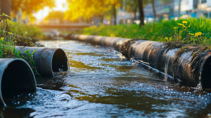 Stormwater drainage system with large pipes and flowing water