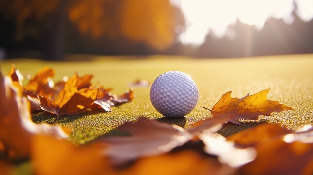 Golf Ball On Green Grass With Autumn Leaves In Fall Season