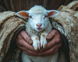 Shepherd Cradling Newborn Lamb in Warm Woolen Blanket