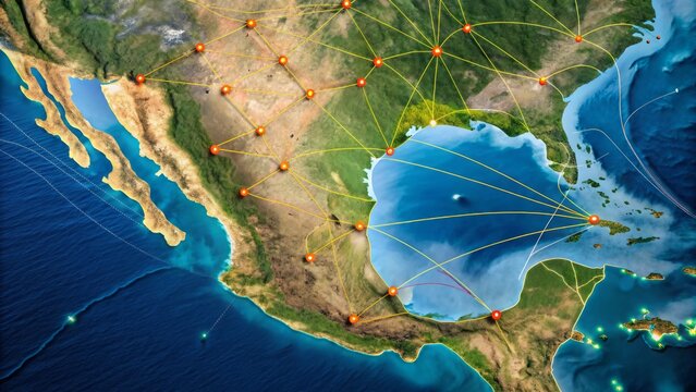 Aerial view of Mexico's drug trafficking routes and territory controlled by various criminal organizations,