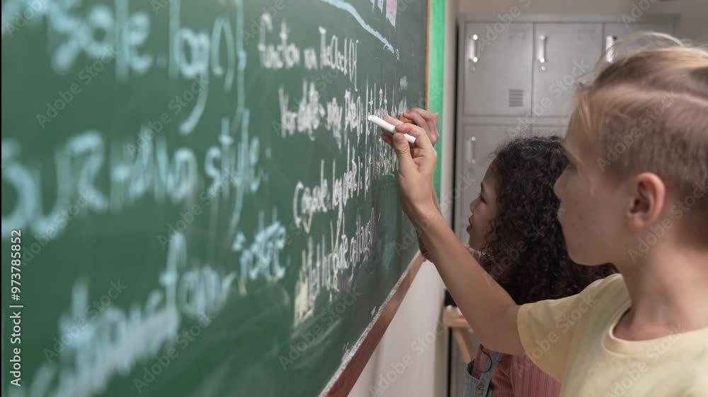 Poster diverse student studying coding engineering prompt while writing answer on blackboard. intelligence 