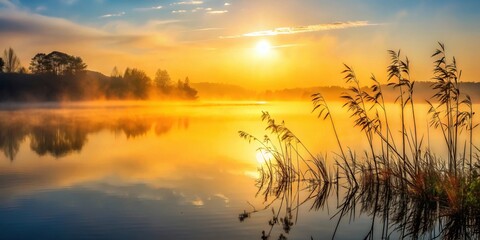 Obraz premium Coastal vegetation silhouettes over a misty lake at sunrise, coastal, vegetation, silhouettes, lake, foggy morning, misty