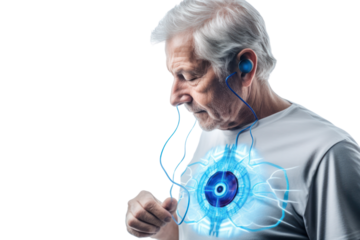 Futuristic photo of elderly man wearing high-tech vest checking his vital signs, isolated on white background.