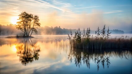 Obraz premium Coastal vegetation silhouettes over a lake on a foggy morning , foggy, coastal, vegetation, silhouettes, lake, morning